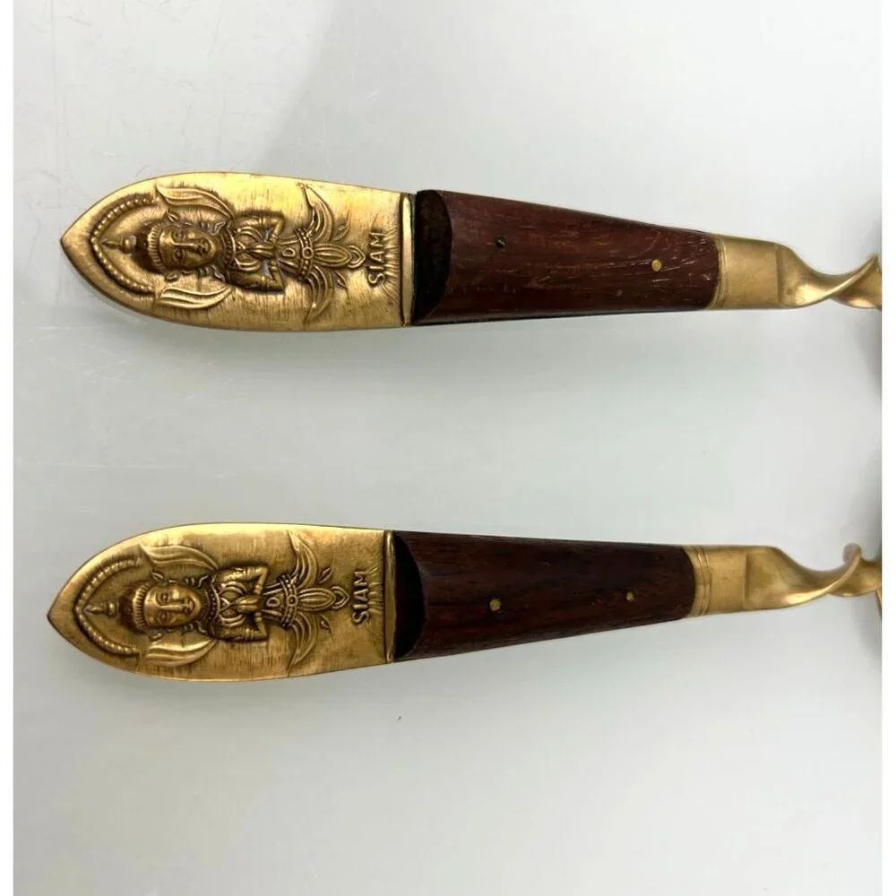 MCM Siam Gold Tone Serving Fork & Spoon Wood Handle Twist Buddha Unique Vintage